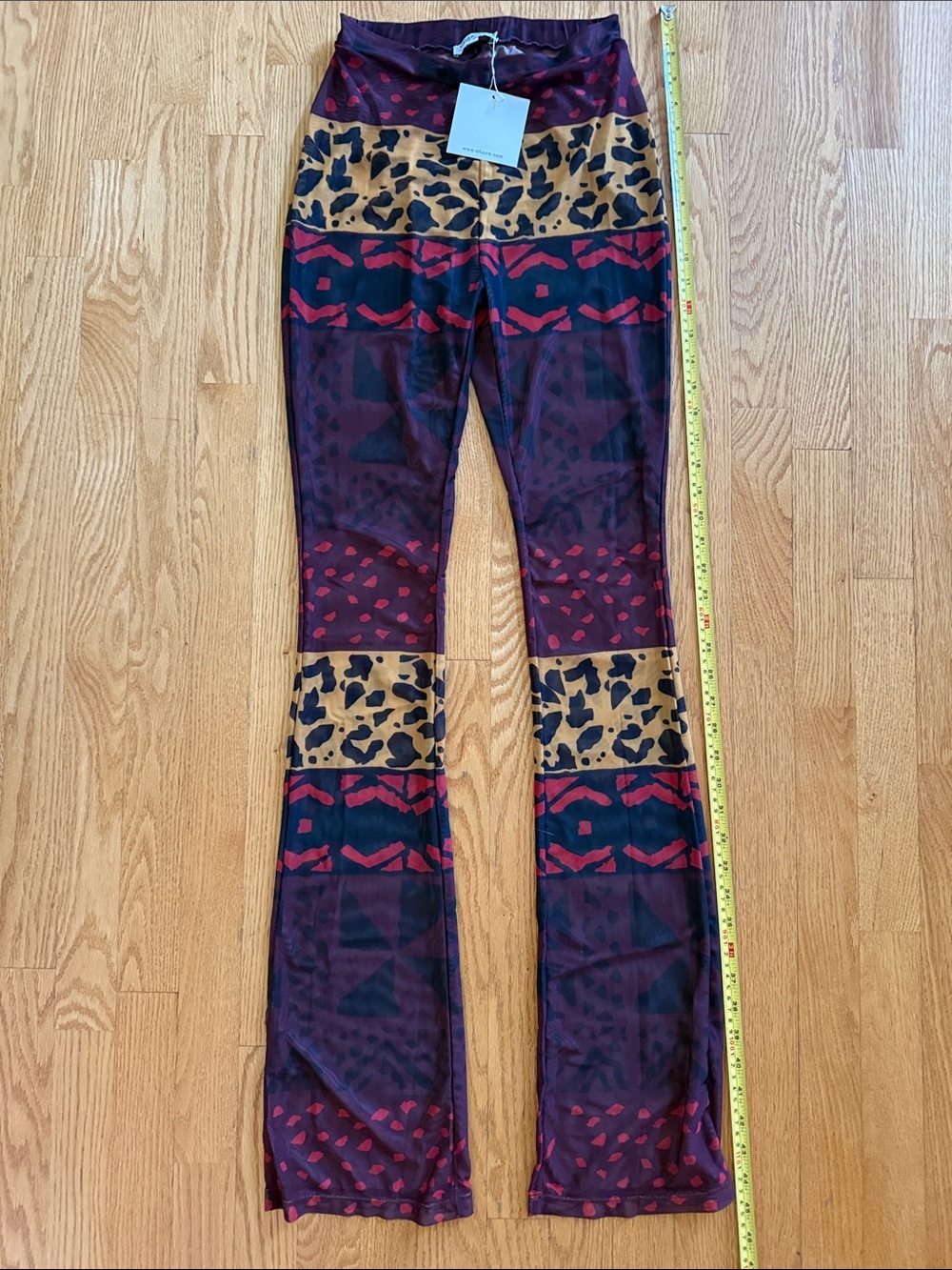 Shakara by OFUURE Burgundy, Tan & Black Patterned Flare Sheer Pants